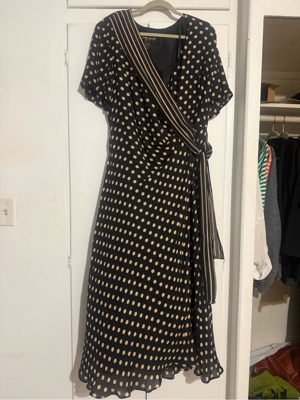 Black Polka Dot Silk Wrap Maxi Dress with Tie Detail - Picture 3 of 6